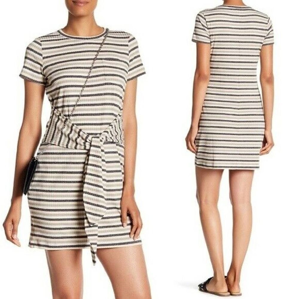 𝅺rebecca Minkoff Stripe Mary Waist Tie Dress XS Pullover Stretch Ribbed Pocket